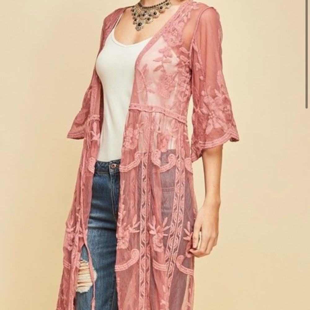 Entro Pink Embroidered Lace Duster Kimono Size S